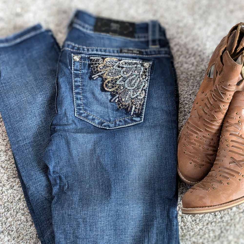 Miss Me Blue Skinny Jeans with Embroidered Back
